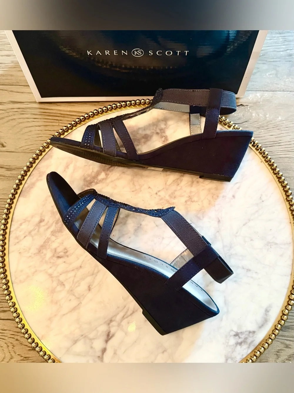 KAREN SCOTT Navy Elastic Comfort Rhinestone Wedge Sandals | SZ. 7 (NWB)